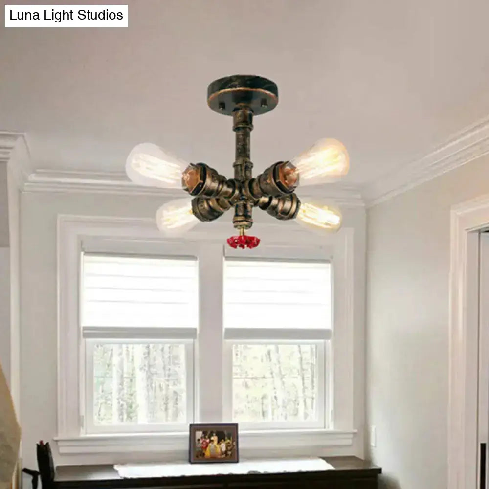 DecorBites™ Iron Industrial-Style 4-Light Bronze Semi Flush Mount with Burst Pipe Foyer Ceiling Design