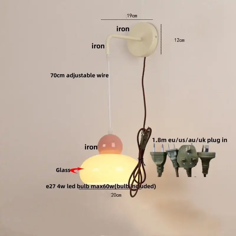 Iron nordic led wall light cream & pink bedroom lamp with pull chain