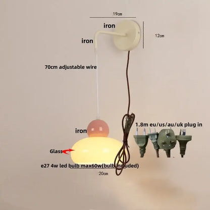 Iron nordic led wall light cream & pink bedroom lamp with pull chain