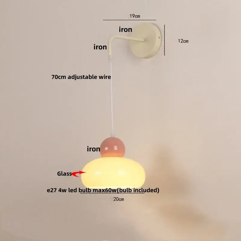 Iron nordic led wall light cream & pink bedroom lamp with pull chain