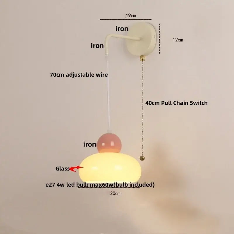 Iron nordic led wall light cream & pink bedroom lamp with pull chain