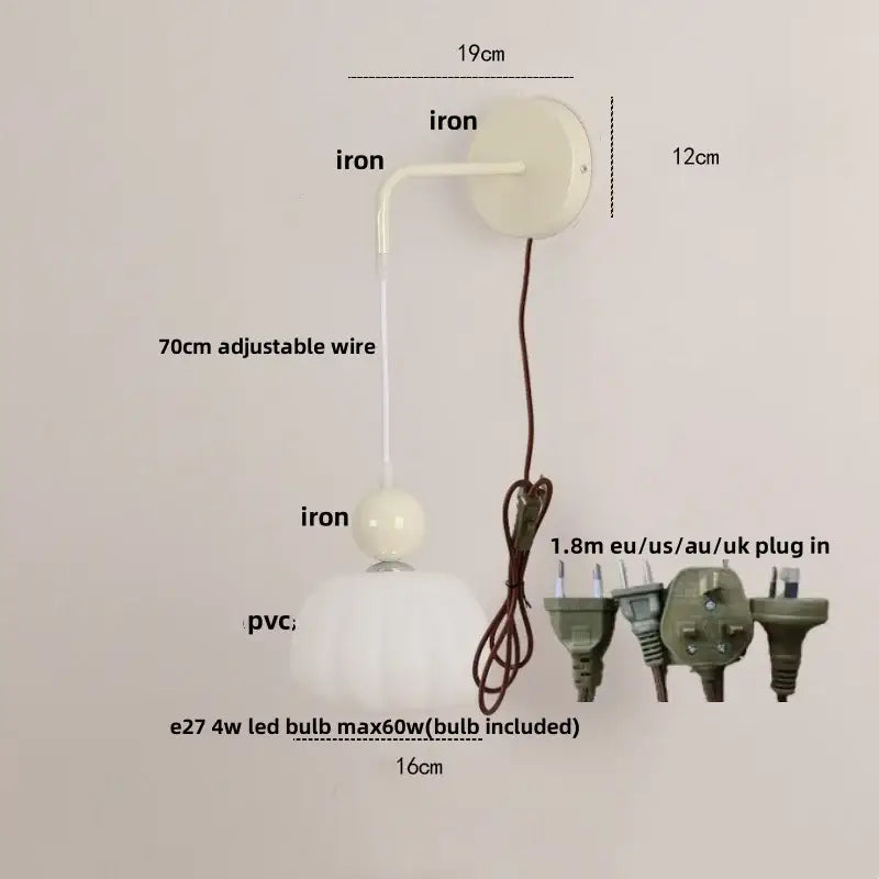 Iron nordic led wall light cream & pink bedroom lamp with pull chain