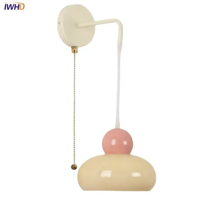 Iron nordic led wall light cream & pink bedroom lamp with pull chain