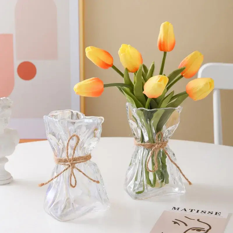 Irregular folded clear glass vase living room flower ornament