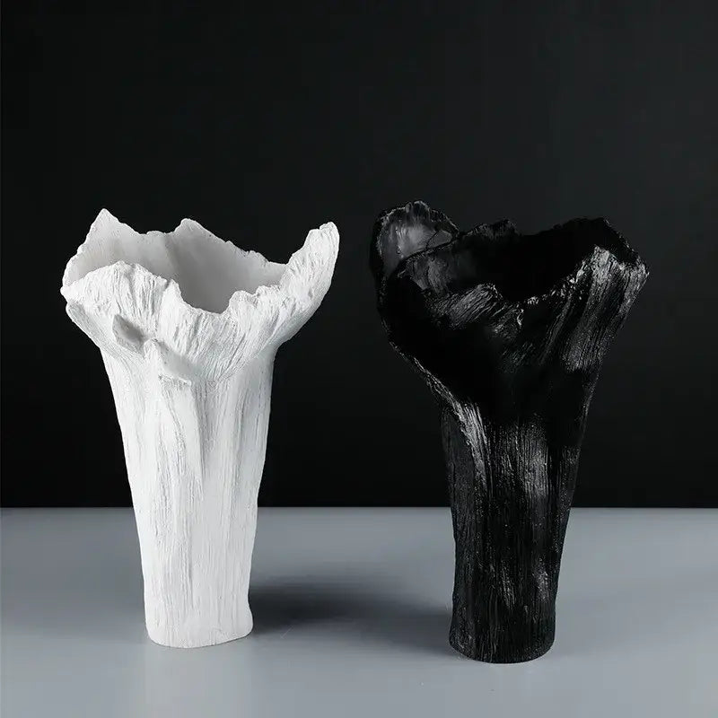 Irregular resin vase black & white textured tree trunk living room decor