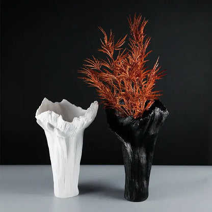 Irregular resin vase black & white textured tree trunk living room decor
