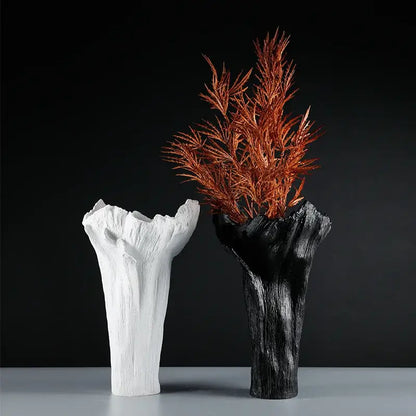 Irregular resin vase black & white textured tree trunk living room decor