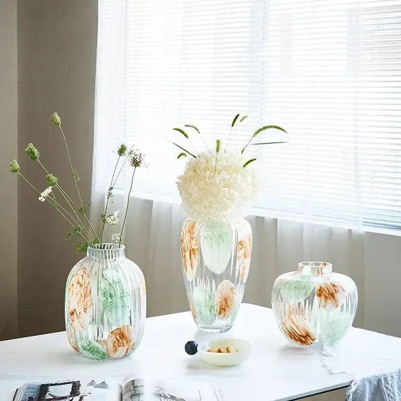 Irregular ribbed green & brown clear glass vase living room decor