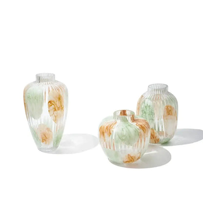 Irregular ribbed green & brown clear glass vase living room decor