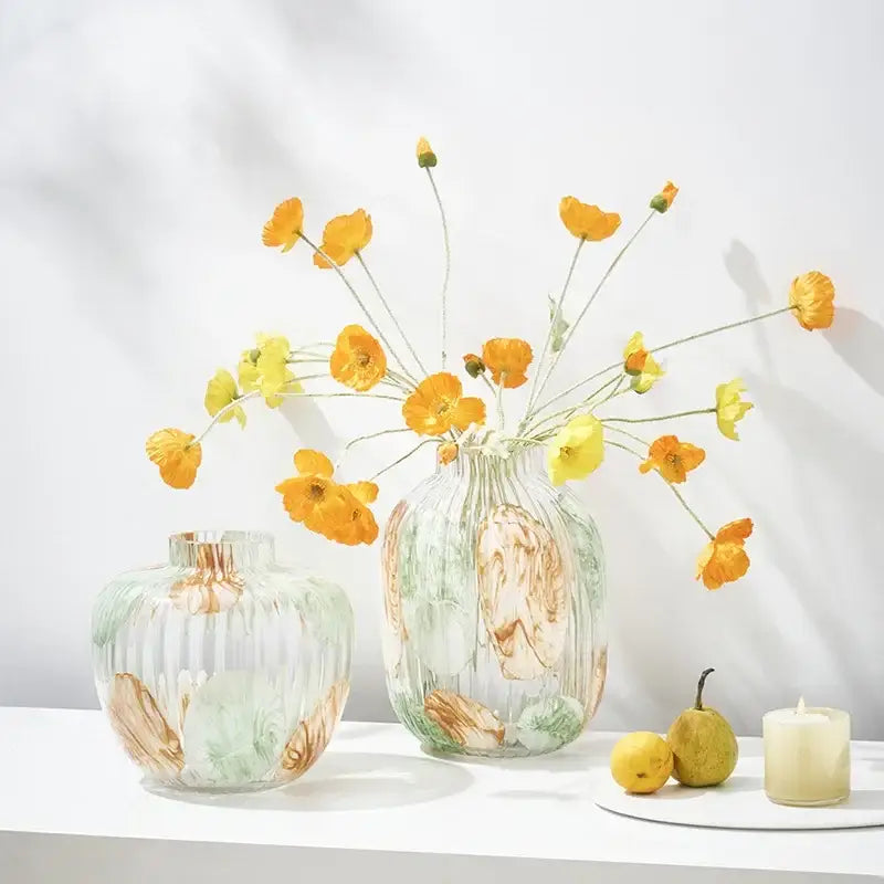 Irregular ribbed green & brown clear glass vase living room decor