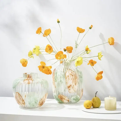 Irregular ribbed green & brown clear glass vase living room decor