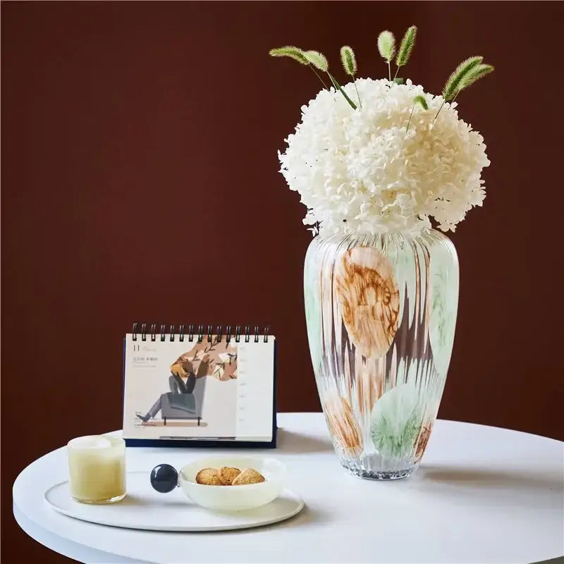 Irregular ribbed green & brown clear glass vase living room decor