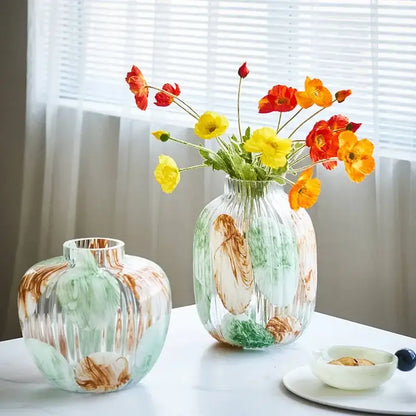 Irregular ribbed green & brown clear glass vase living room decor