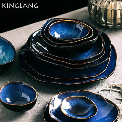 Irregular shape blue and gold ceramic dinner set – dining room kitchen