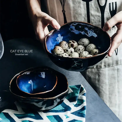 Irregular shape blue and gold ceramic dinner set – dining room kitchen