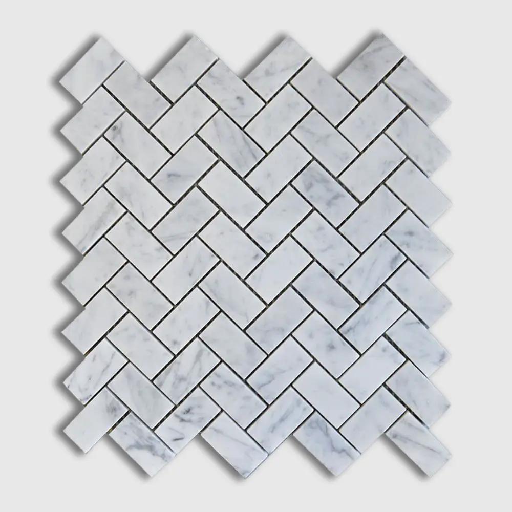 Italian Carrara Honed Herringbone Marble Mosaics 12 1/8x13 3/8