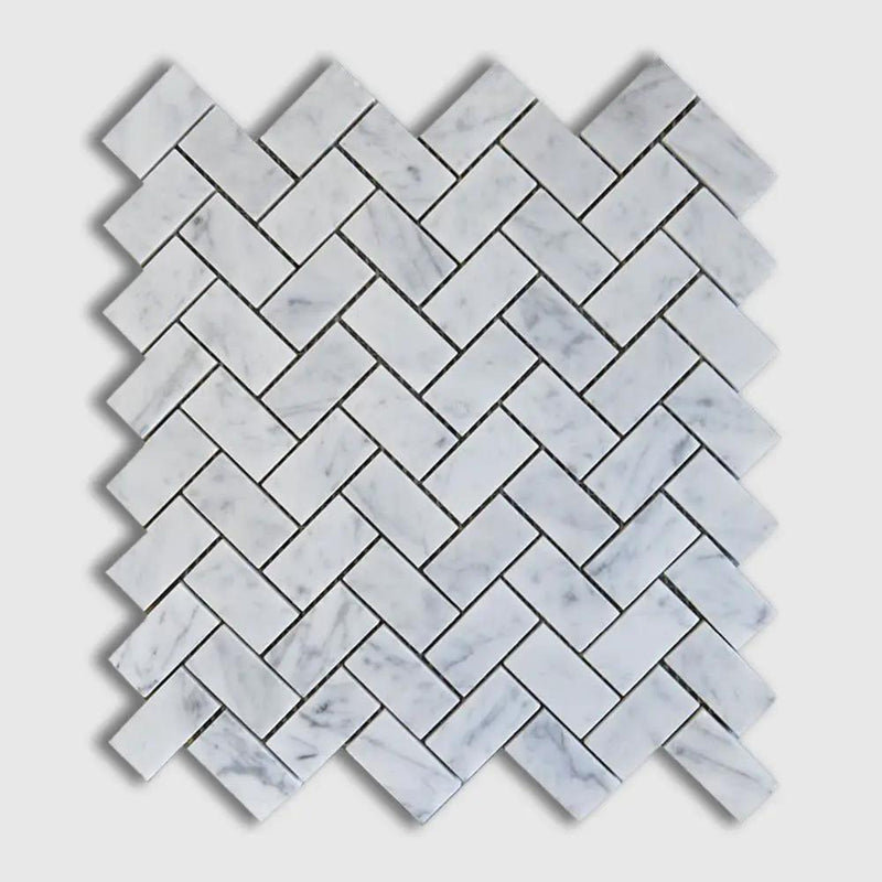 Italian Carrara Honed Herringbone Marble Mosaics 12 1/8x13 3/8