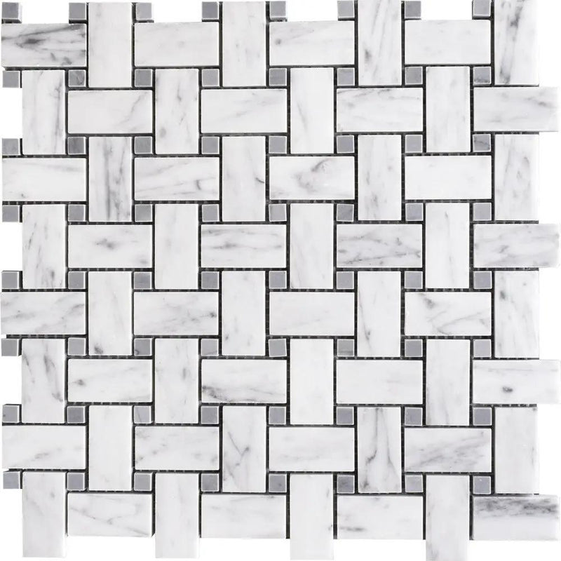 White Carrara Bardiglio Polished Basket Weave Marble Mosaics 12x12
