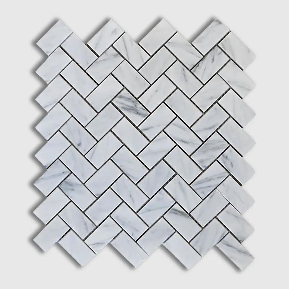 Italian Carrara Polished Herringbone Marble Mosaics 12 1/8x13 3/8