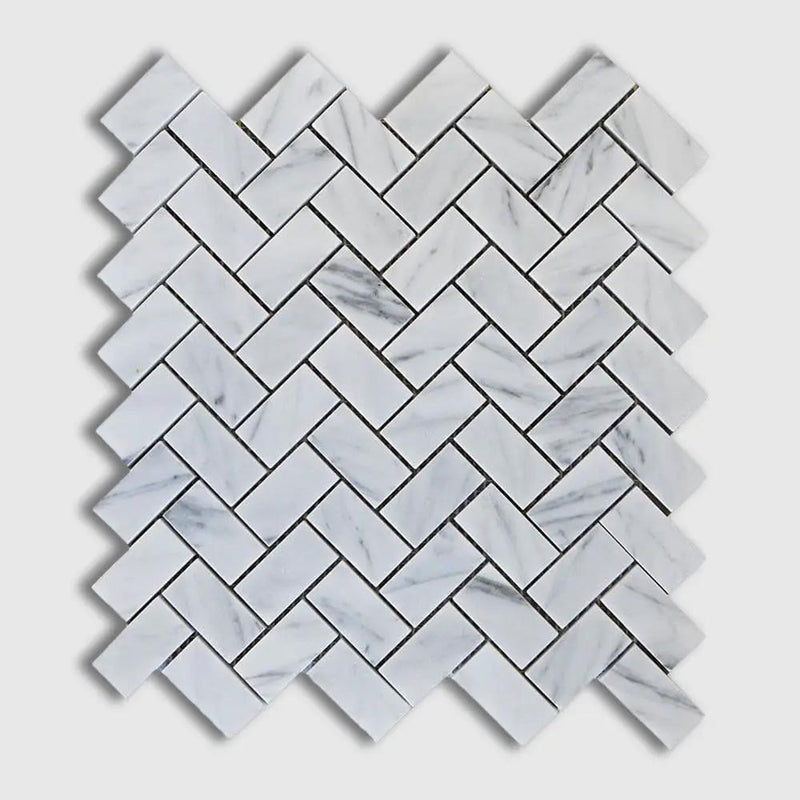 Italian Carrara Polished Herringbone Marble Mosaics 12 1/8x13 3/8