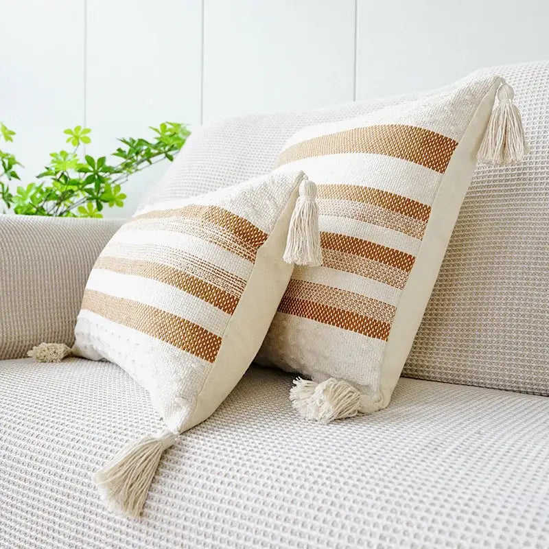 Ivory brown coffee striped tassel pillow case living room decor