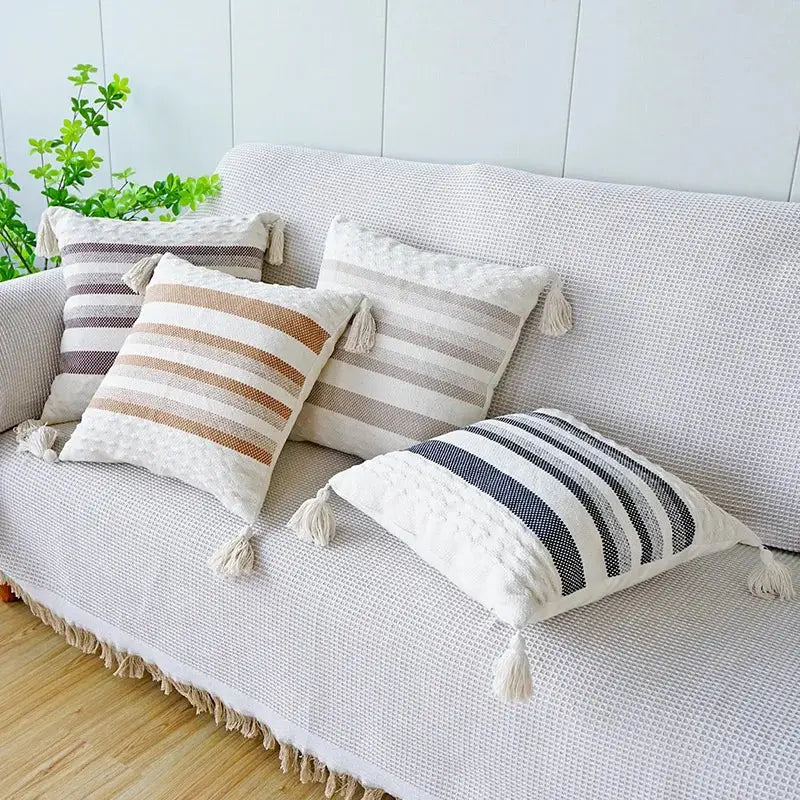 Ivory brown coffee striped tassel pillow case living room decor