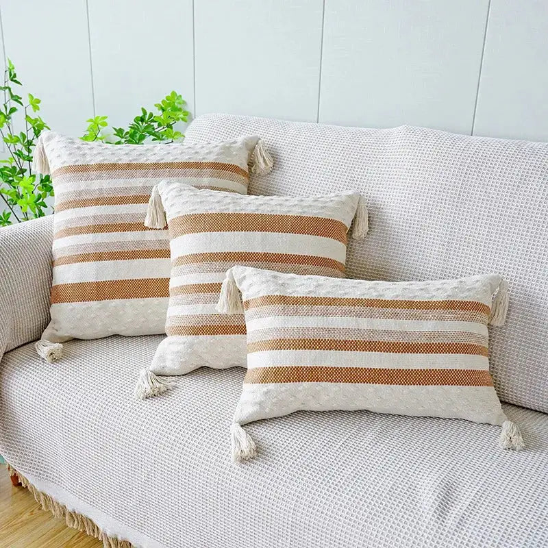 Ivory brown coffee striped tassel pillow case living room decor