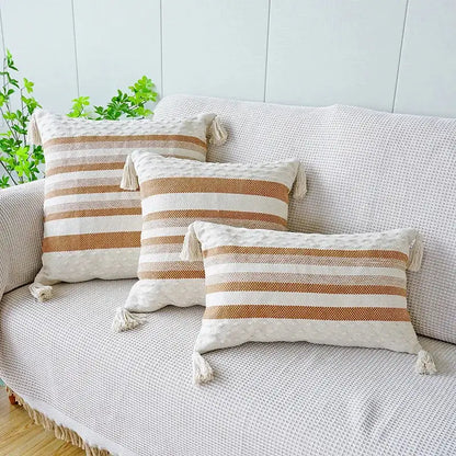Ivory brown coffee striped tassel pillow case living room decor
