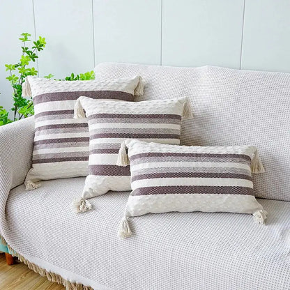 Ivory brown coffee striped tassel pillow case living room decor