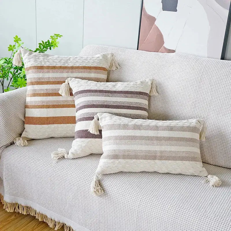 Ivory brown coffee striped tassel pillow case living room decor