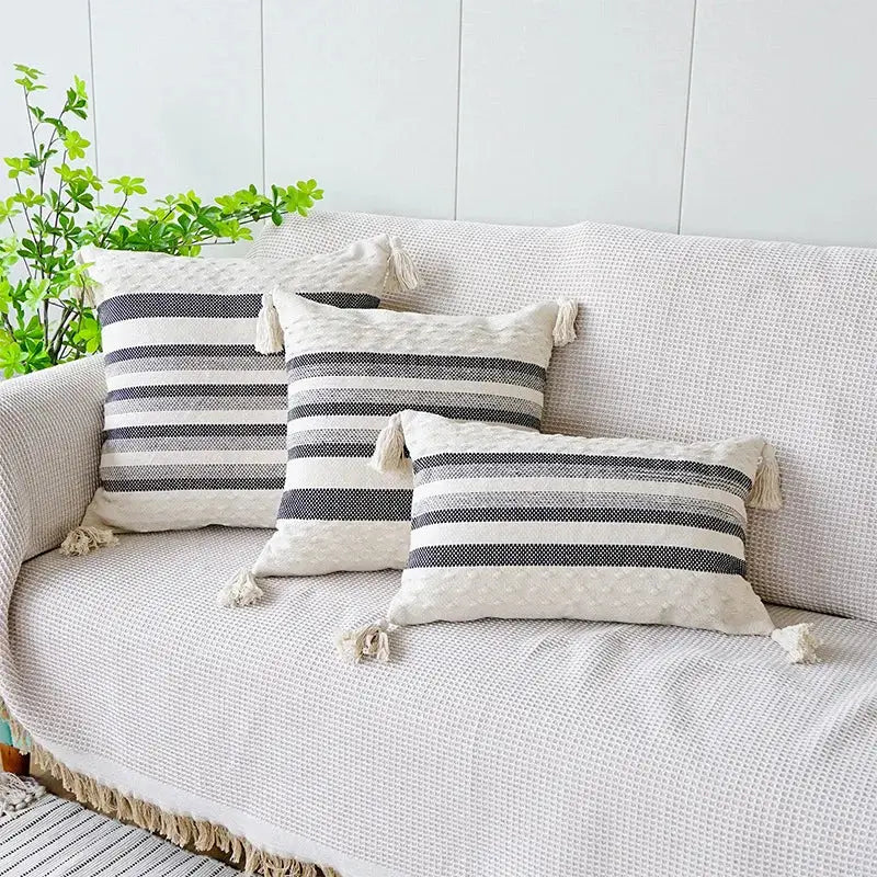 Ivory brown coffee striped tassel pillow case living room decor