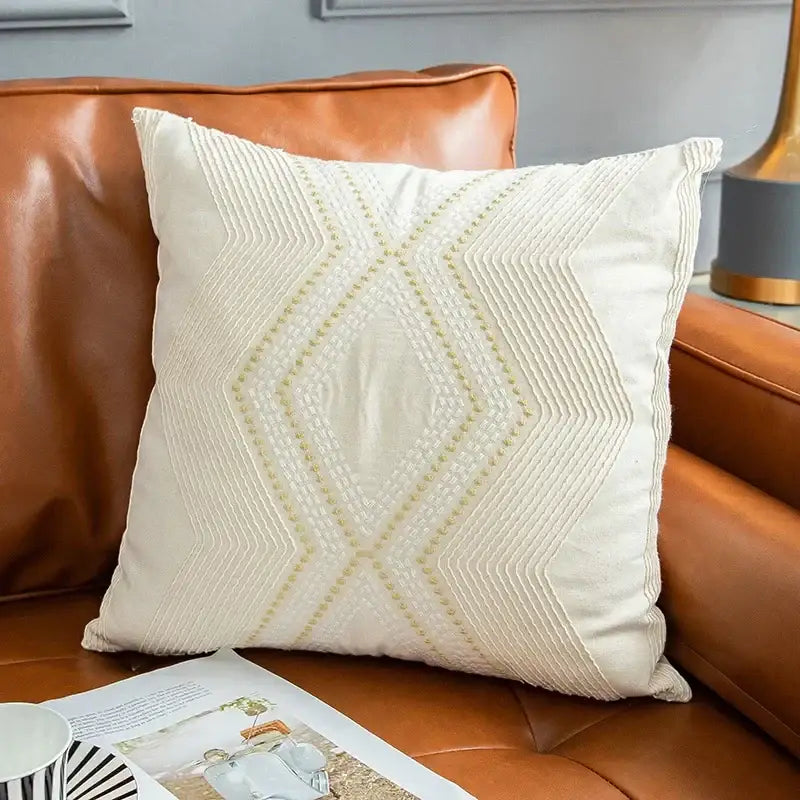 Ivory geometric embroidery cushion cover living room decor