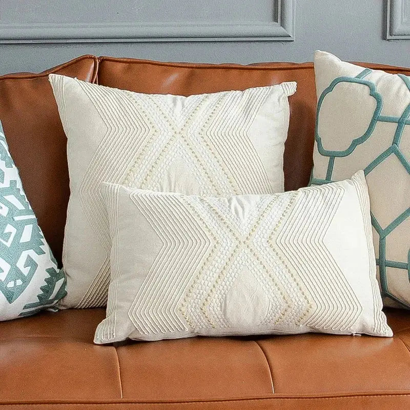 Ivory geometric embroidery cushion cover living room decor