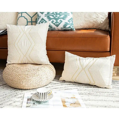 Ivory geometric embroidery cushion cover living room decor