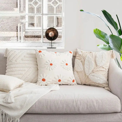 Ivory tufted cushion cover with white daisy embroidery living room