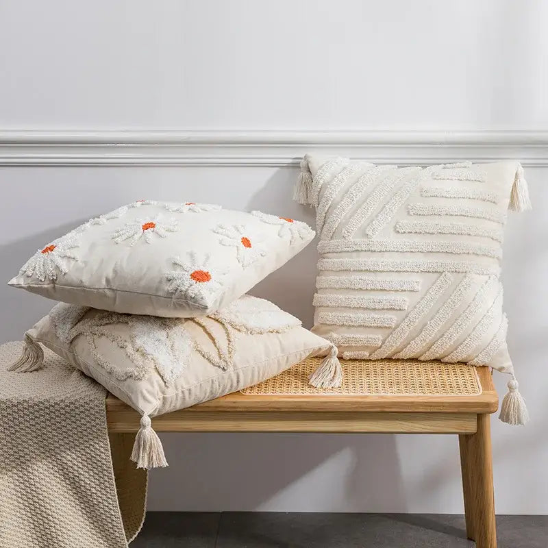 Ivory tufted cushion cover with white daisy embroidery living room