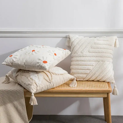 Ivory tufted cushion cover with white daisy embroidery living room