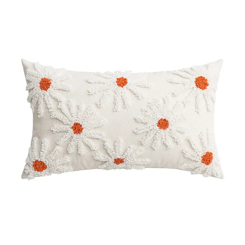 Ivory tufted cushion cover with white daisy embroidery living room