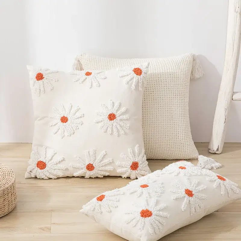 Ivory tufted cushion cover with white daisy embroidery living room