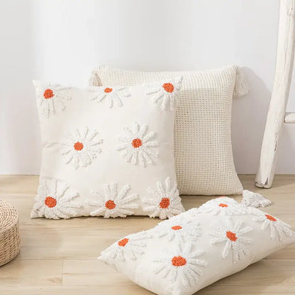 Ivory tufted cushion cover with white daisy embroidery living room