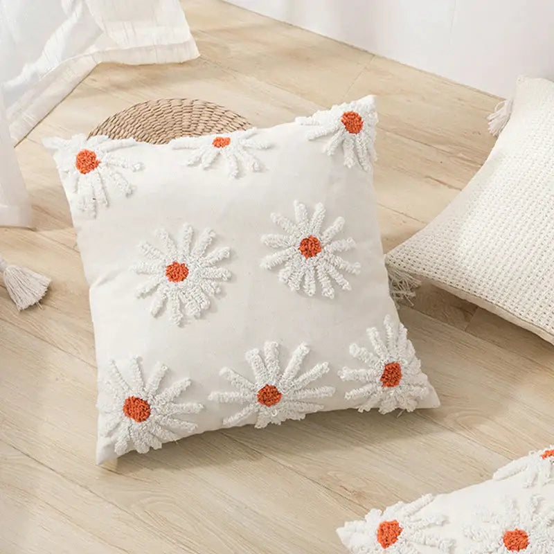 Ivory tufted cushion cover with white daisy embroidery living room