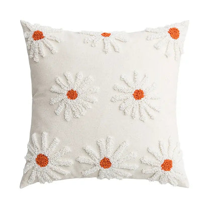 Ivory tufted cushion cover with white daisy embroidery living room