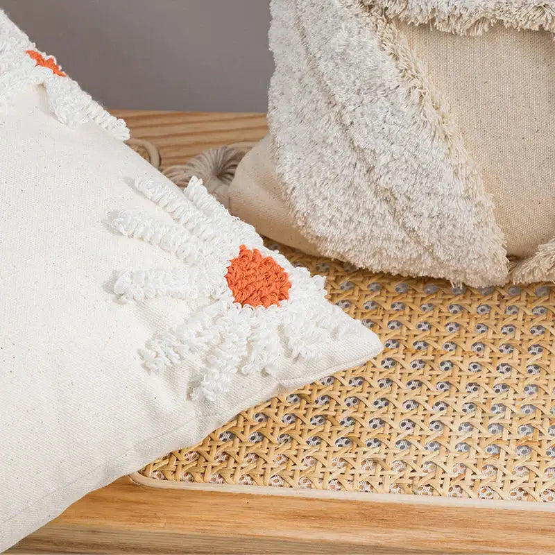 Ivory tufted cushion cover with white daisy embroidery living room