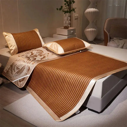 Jacquard cool brown & cream woven rattan cooling mat bedroom decor