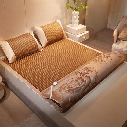Jacquard cool brown & cream woven rattan cooling mat bedroom decor