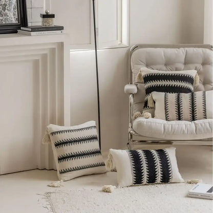 Jacquard crochet pillow covers black & white living room tassels