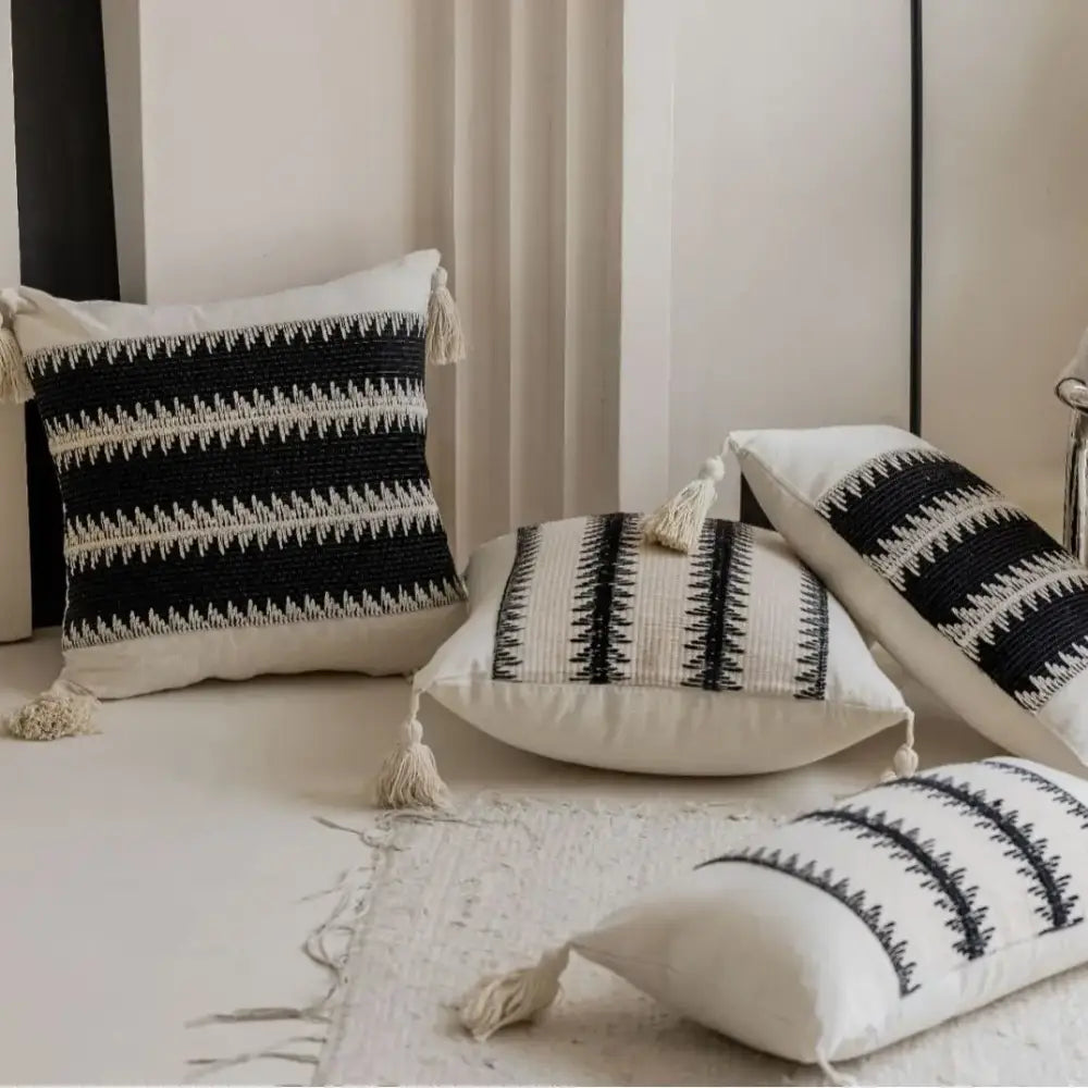 Jacquard crochet pillow covers black & white living room tassels