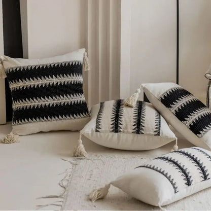 Jacquard crochet pillow covers black & white living room tassels