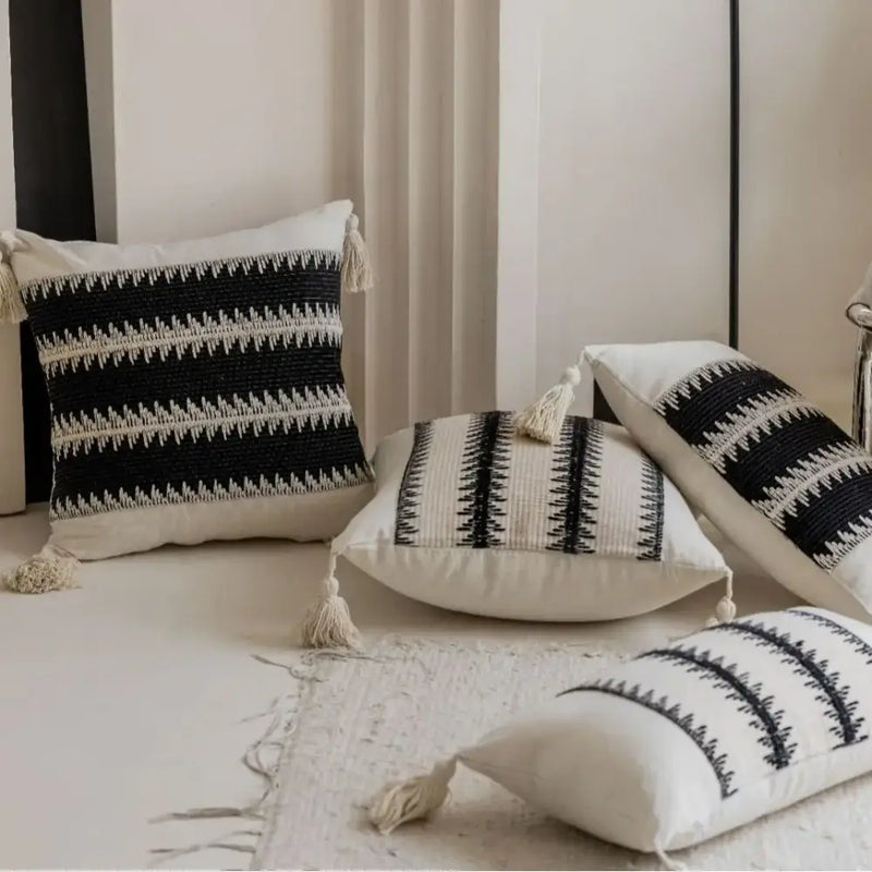 Jacquard crochet pillow covers black & white living room tassels