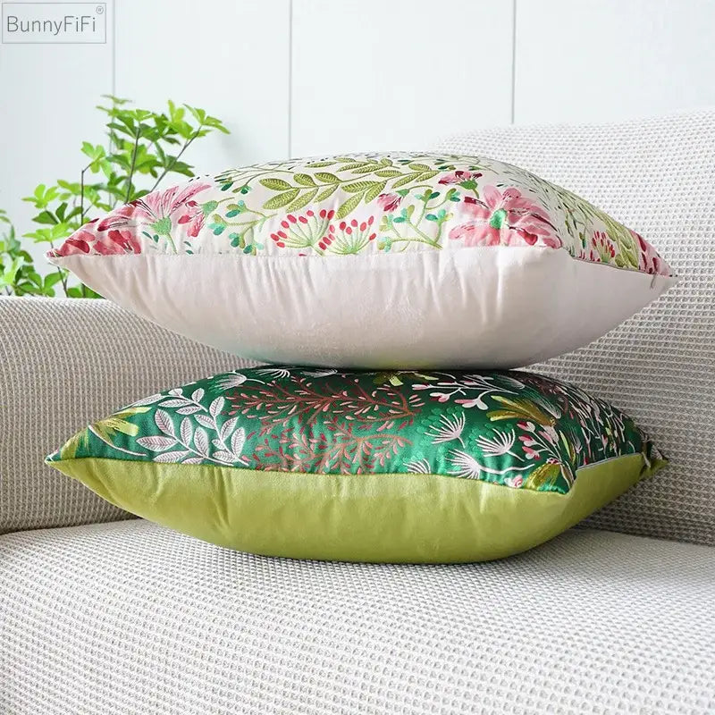 Jacquard floral pillow cover pink & green bedroom decor